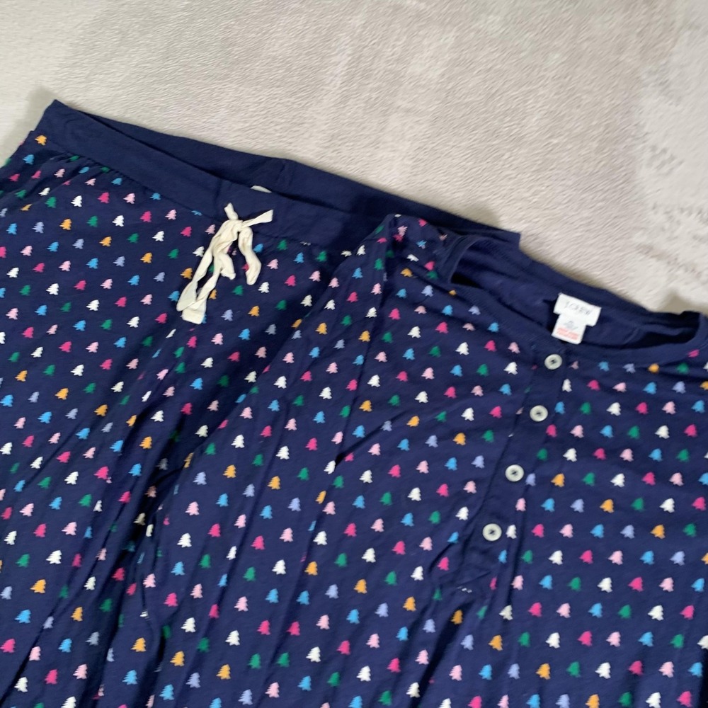 J.Crew Pajama Set Womens XL Blue‎ Christmas Tree Print Henley Top Joggers Cotton - Picture 2 of 16